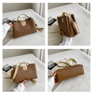 Detailed 4-way view of a brown 3D geometric embossed leather tote bag with cream straps