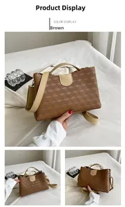 Detailed views of a brown tote bag featuring 3D geometric cube embossed patterns