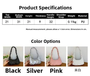 Detailed size chart for the pleated cloud bag with dimensions in cm and PU leather material