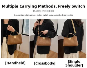 Trois façons de porter un sac cabas marron motif crocodile en bandoulière ou à l'épaule