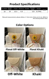 Detailed size specifications for woven sunflower bucket bag showing color display and measurements