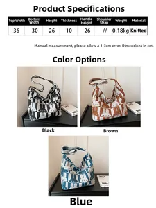 Detailed size chart and three color options for rabbit pattern knitted tote bag