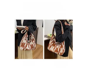 Knitted crossbody bag featuring a brown checkered rabbit pattern shown in two ways