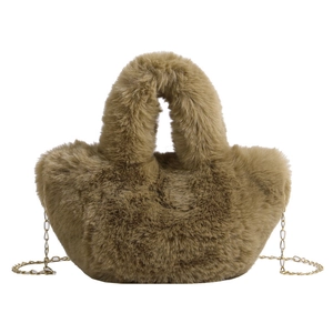 Modische khaki Plüsch-Handtasche mit weichem Kunstfell und eleganter Goldkettenschulter