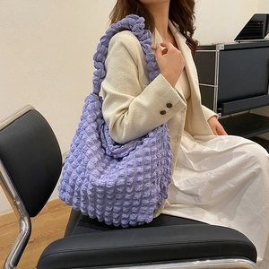 Lavender bubble texture large capacity shoulder bag with soft pleated design and zipper closure