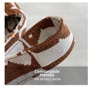 Close-up detail of reinforced jacquard woven handle on high-quality knit tote bag