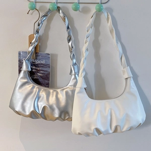 French style pleated hobo bag with woven handle in metallic silver and creamy white