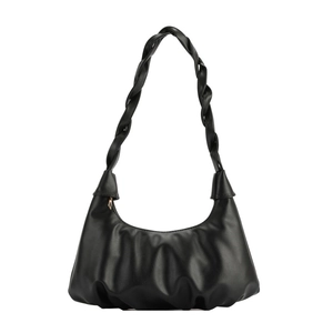 French style black cloud bag with pleated design and woven twisted shoulder strap