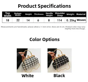 Detailed size chart for women's woven chain bag with specific dimensions and material info