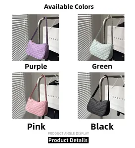 Detailed grid view of quilted underarm bags in purple, mint green, light pink, and black