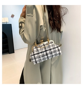 Close-up of black and white tweed crossbody bag with gold lock and chain on a green coat