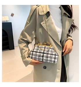 Close-up of houndstooth tweed crossbody bag with gold hardware worn with a green coat