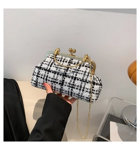 Detail of the black and white tweed fabric and gold metal handle on a chain bag