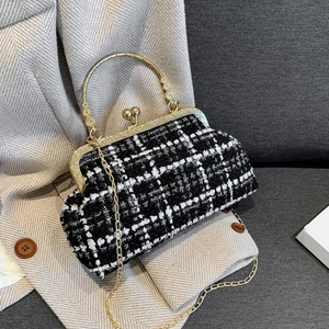 Vintage Plaid Tweed Crossbody Bag For Women With Metal Handle Retro Gold Chain Evening Party Top Handle Purse Small Shoulder Bag