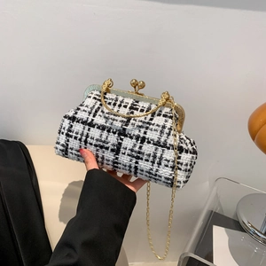 Vintage tweed shoulder bag with golden ball lock and metal handle for women