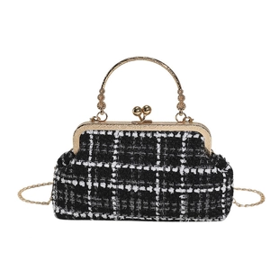 Vintage black and white plaid tweed chain bag with gold metal clasp for women
