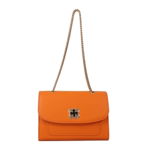 Petit sac carré orange vif avec bandoulière chaîne et fermoir fleur dorée