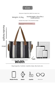 Detailed size chart for large capacity plaid tote bag showing dimensions and item capacity