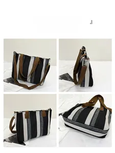 Multi-angle views of large stripe tote bag with brown handles and detachable shoulder strap
