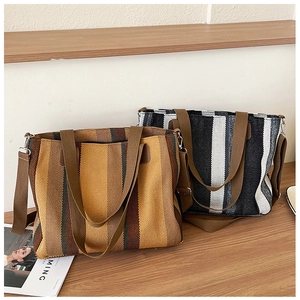 Close-up of woven tote bags showing textured canvas fabric and durable shoulder straps