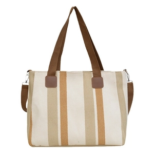 Large canvas tote bag with brown vertical stripes and detachable crossbody shoulder strap