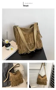 Mehrwinkel-Ansicht der khakifarbenen Fransentasche mit langen Quasten im Boho-Stil