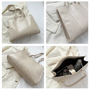 Detailed views of beige tote bag interior capacity and smooth oil wax leather texture