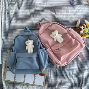 Korean Style Casual Nylon Backpack For Women Solid Color Large Capacity School Bag With Cute Bear Charm Travel Daypack