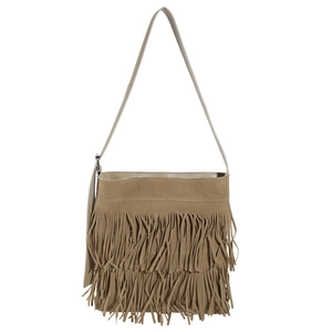 Schicke Khaki-Schultertasche aus Wildleder mit Fransen im Boho-Stil und Trageriemen