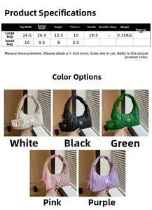Guide des tailles du sac plissé en cuir PU montrant les dimensions du sac et de la pochette