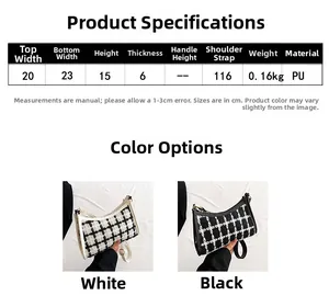 Size chart showing dimensions and PU material specs for the plaid crossbody square bag