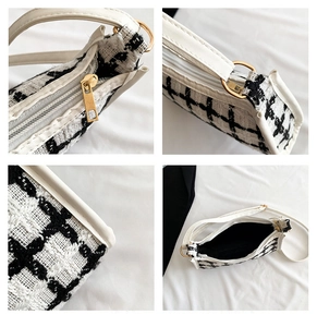 Detailed views of checkered tweed shoulder bag showing gold hardware and stitching
