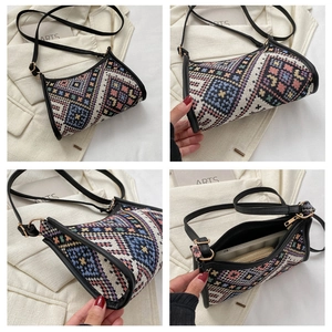 Detailed four-angle shots of ethnic woven crossbody bag with geometric patterns and gold metal