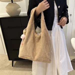 Khaki plush shoulder tote bag with cute pink bunny charm for autumn winter fashion
