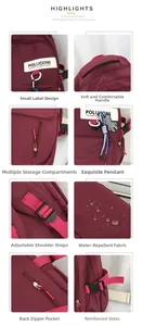 Détails du sac à dos en nylon bordeaux imperméable avec poche arrière de sécurité