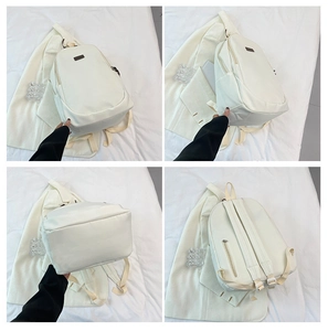 Four-view collage of minimalist cream backpack showing straps, pockets, and structure