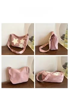 Four-grid detail view of a pink star tote bag showing front, side, back, and bottom angles