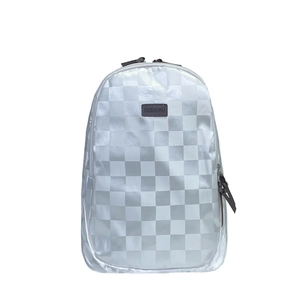 Minimalist white checkerboard backpack featuring a polished finish and zipper closure