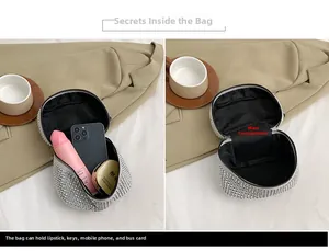 Détail du sac à main argenté avec strass montrant l'espace pour téléphone et maquillage