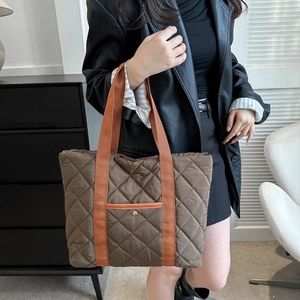 Stylish large capacity quilted nylon tote bag with brown diamond pattern and orange straps