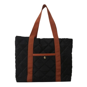 Large capacity black quilted oxford tote bag with stylish brown straps for women