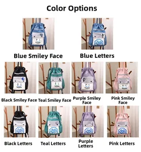 Detail of color-block drawstring backpack in nylon with happy print and zipper pocket