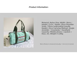 Detailansicht der Maße der mintgrünen Nylon-Reisetasche mit verstellbarem Riemen