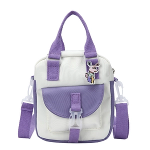 Cute color-block canvas crossbody bag with purple handles and cartoon dog patch for girls