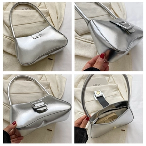 Bolso de hombro plateado espejo que muestra varios ángulos y el espacio interior