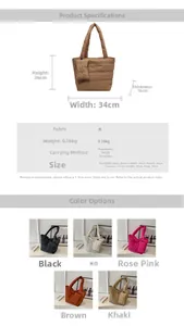 Detailed size chart and specifications for the quilted large capacity tote bag