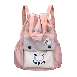 Pink and white contrast nylon drawstring bucket backpack with cute happy face design