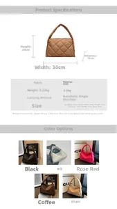 Detailed size specifications and color variants of quilted nylon tote shoulder bag