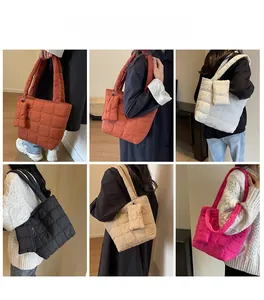 Detailed views of multi-color quilted puffer tote bags with matching mini pouches