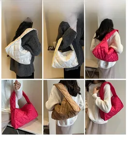 Quilted nylon tote bags shown in white, rose red, and coffee colors with wide straps
